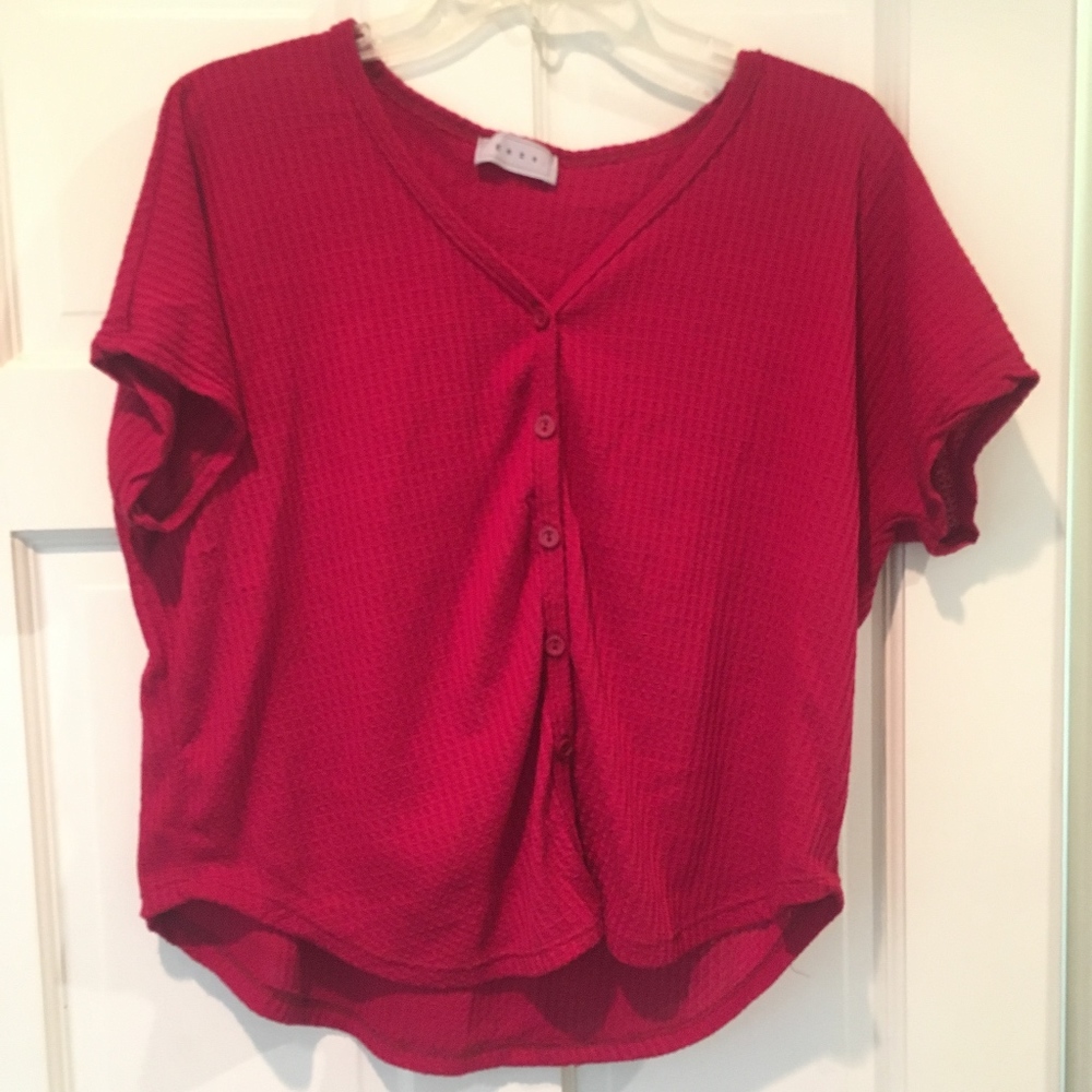 Red Button Slight V Neck T-Shirt